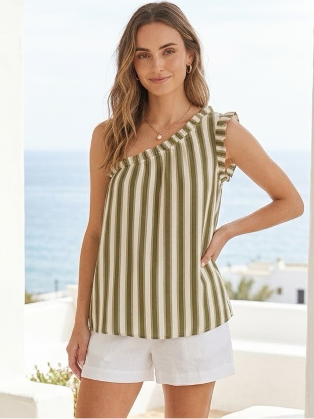 Show Me Your Mumu Ulani Top Olive Stripe One Shoulder Ruffle Size S NWT
